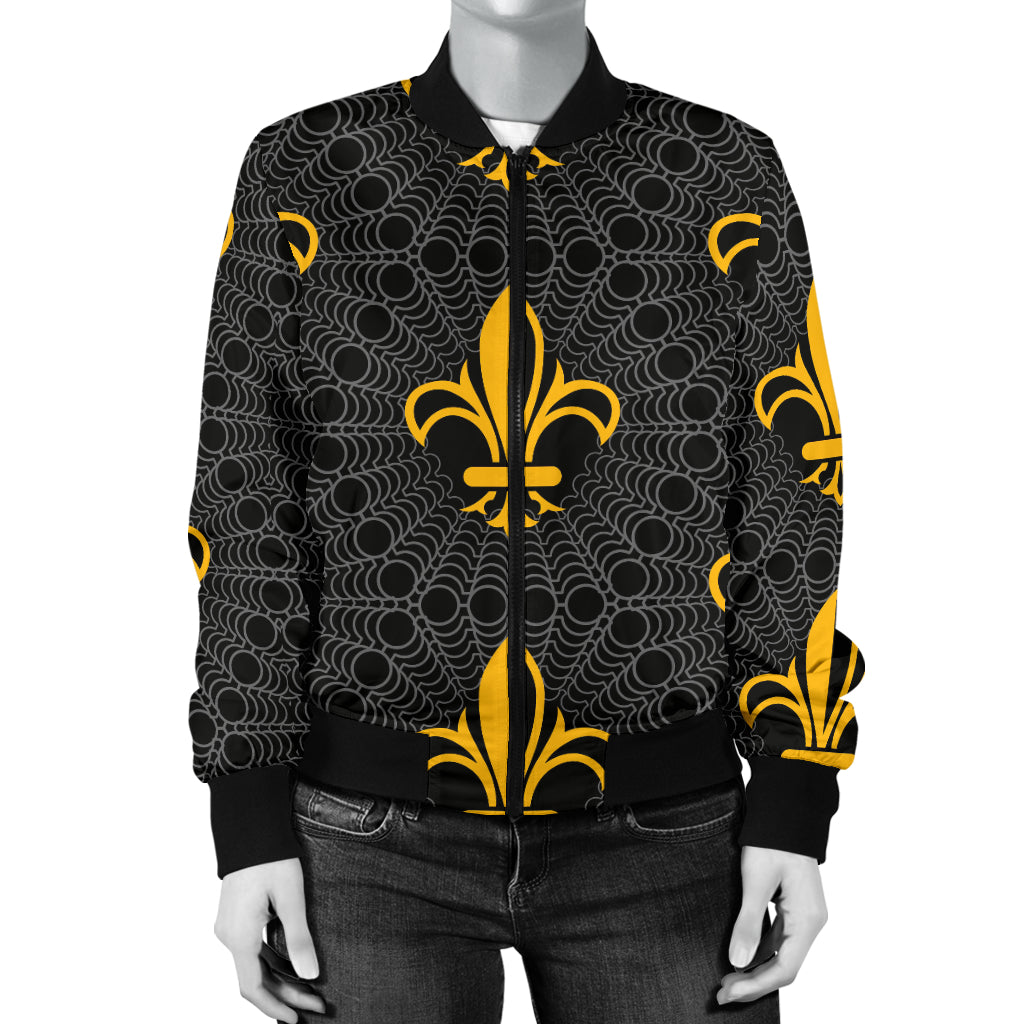 Fleur De Lis Gold Pattern Print Design 01 Women's Bomber Jacket