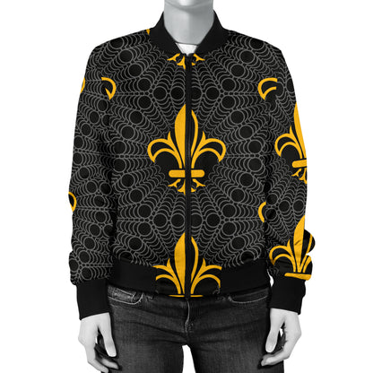 Fleur De Lis Gold Pattern Print Design 01 Women's Bomber Jacket