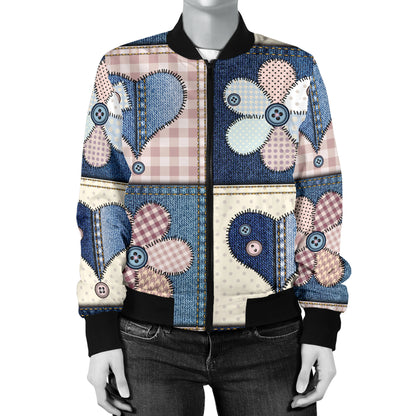 Patchwork Heart Flower Pattern Print Design 01 Women's Bomber Jacket