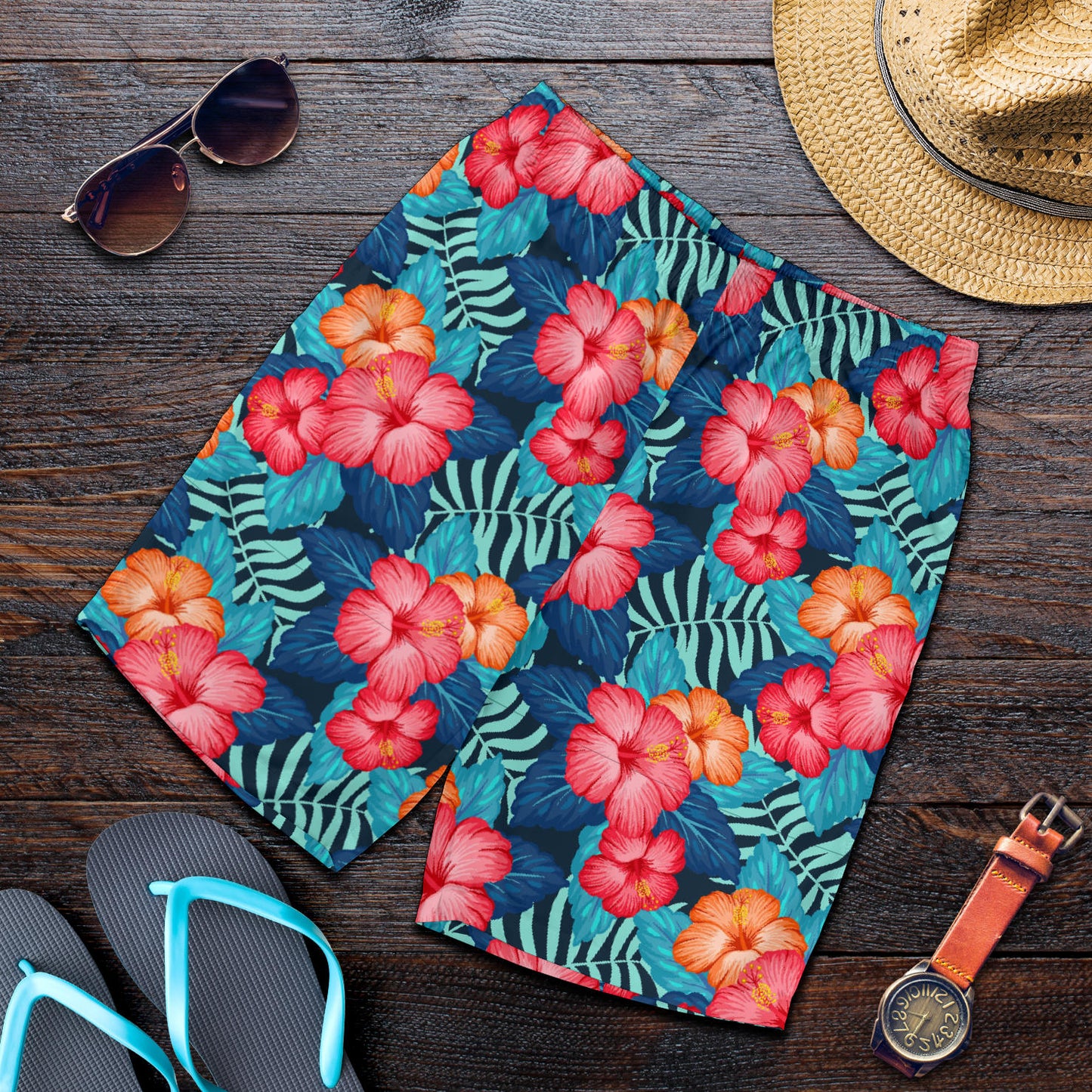 Red Hibiscus Pattern Print Design HB02 Mens Shorts