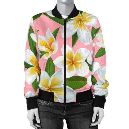 White Plumeria Pattern Print Design PM011 Women Bomber Jacket
