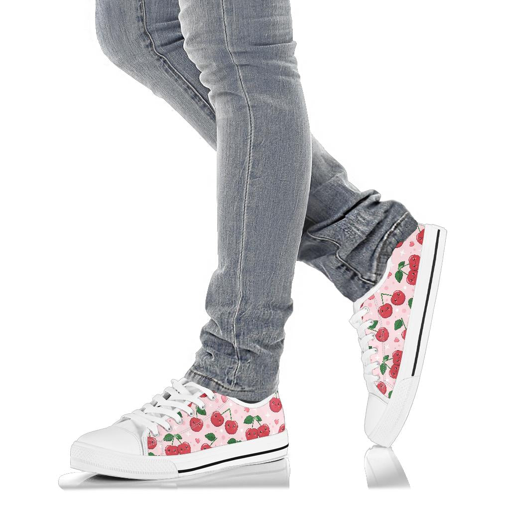 Cherry Pattern Print Design CH02 White Bottom Low Top Shoes