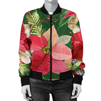 Poinsettia Pattern Print Design POT03 Women Bomber Jacket