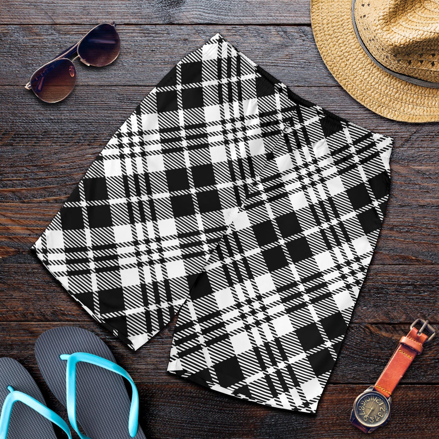 Plaid Black White Pattern Print Design A02 Mens Shorts