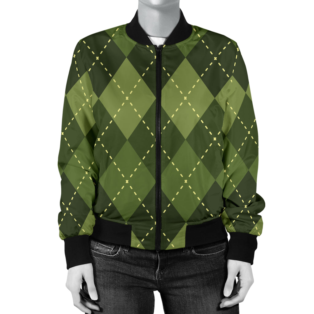 Argyle Green Pattern Print Design 01 Women's Bomber Jacket