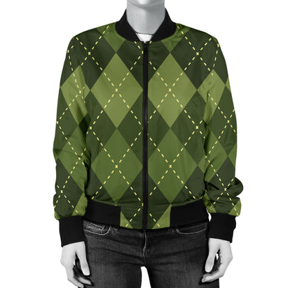 Argyle Green Pattern Print Design 01 Women's Bomber Jacket