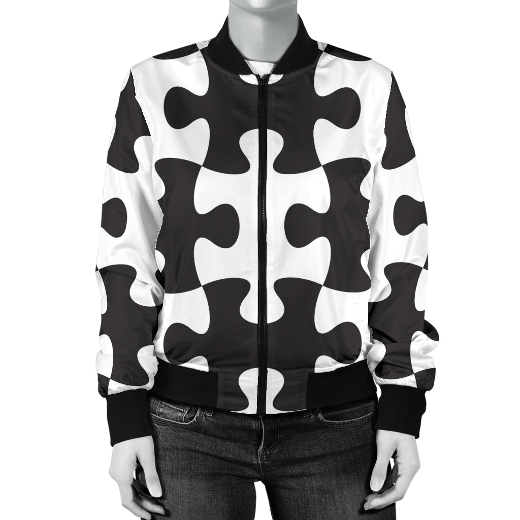 Puzzle Black White Pattern Print Design A02 Women's Bomber Jacket