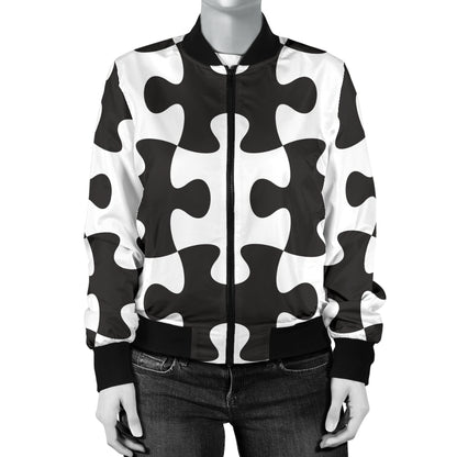 Puzzle Black White Pattern Print Design A02 Women's Bomber Jacket