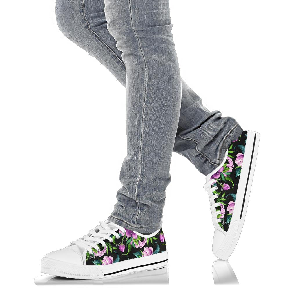 Bright Purple Floral Pattern White Bottom Low Top Shoes
