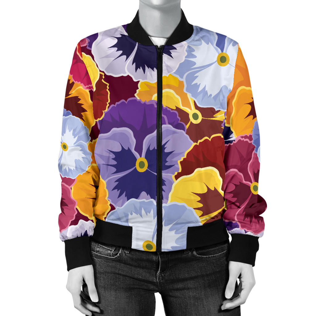 Pansy Pattern Print Design PS01 Women Bomber Jacket