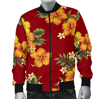 Orange Hibiscus Pattern Print Design HB026 Men Bomber Jacket