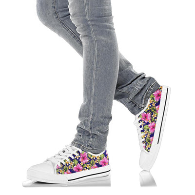 Pink Hibiscus Pattern Print Design HB027 White Bottom Low Top Shoes