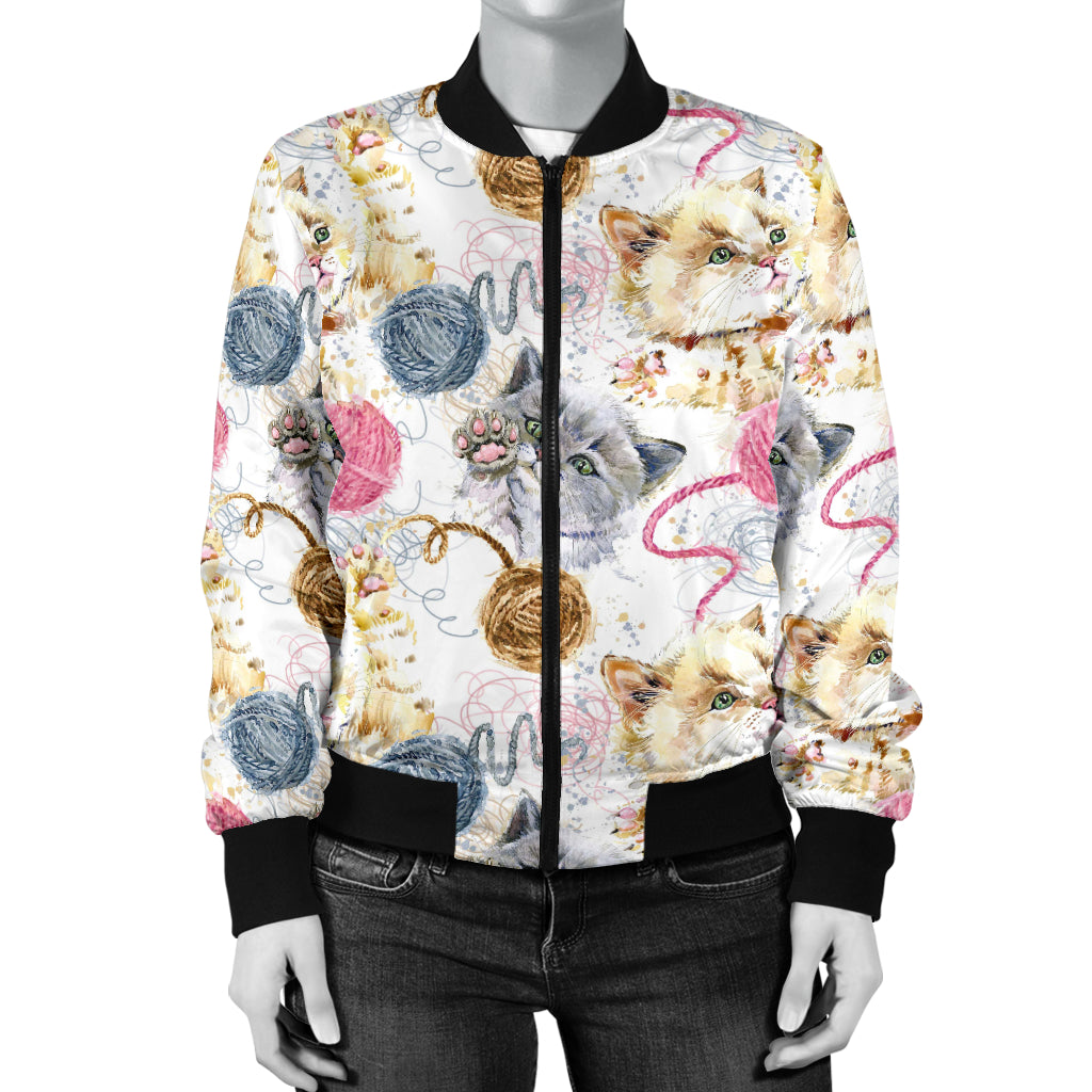 Cat Playing Yarn Pattern Print Design 07 Women's Bomber Jacket