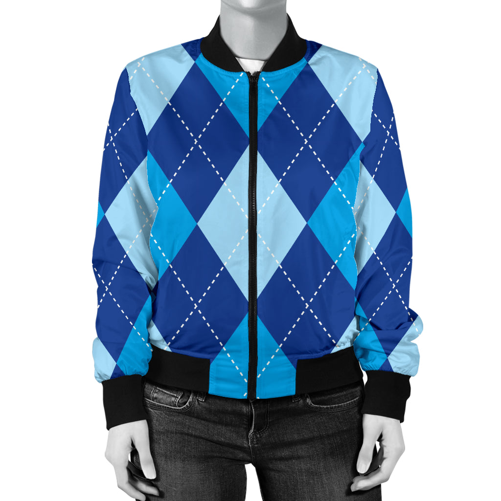 Argyle Blue Pattern Print Design 02 Women's Bomber Jacket