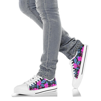 Neon Pink Hibiscus Pattern Print Design HB015 White Bottom Low Top Shoes