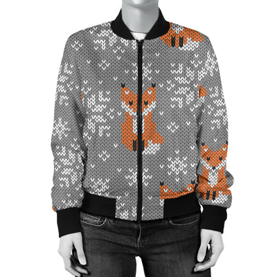 Knit Red Fox Pattern Print Design 02 Women's Bomber Jacket