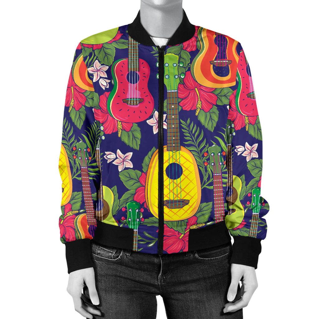 Ukulele Tropical Pattern Print Design 03 Women's Bomber Jacket
