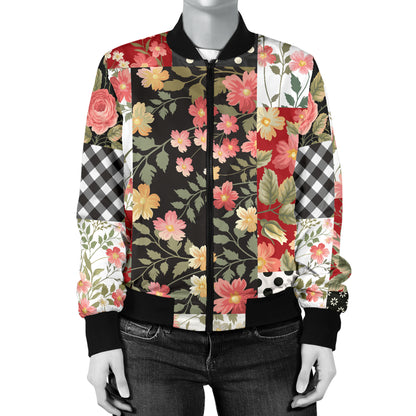 Patchwork Flower Pattern Print Design 03 Women's Bomber Jacket