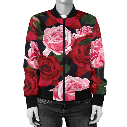 Rose Red Pink Pattern Print Design RO01 Women Bomber Jacket