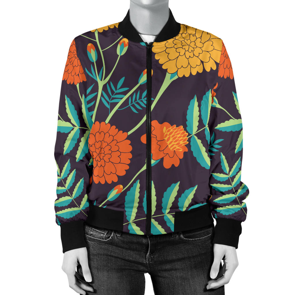 Marigold Pattern Print Design MR01 Women Bomber Jacket
