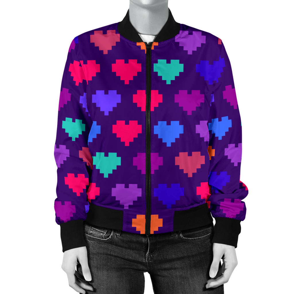 Heart Pixel Pattern Print Design HE03 Women Bomber Jacket