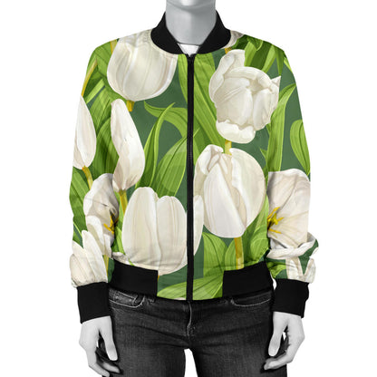 Tulip White Pattern Print Design TP05 Women Bomber Jacket