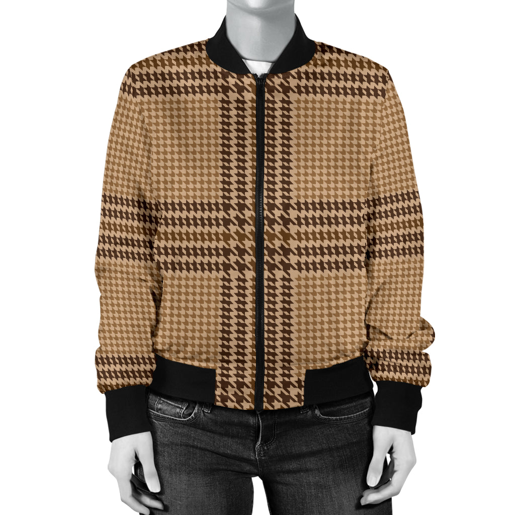 Houndstooth Brown Pattern Print Design 04 Women's Bomber Jacket