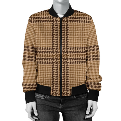 Houndstooth Brown Pattern Print Design 04 Women's Bomber Jacket