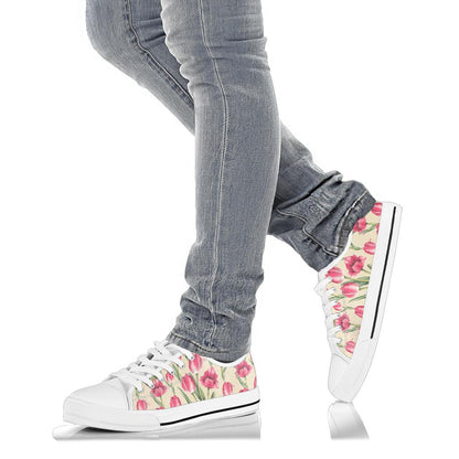 Tulip Pink Pattern Print Design TP06 White Bottom Low Top Shoes