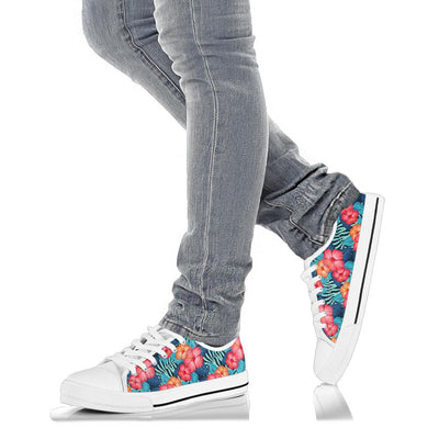 Red Hibiscus Pattern Print Design HB02 White Bottom Low Top Shoes