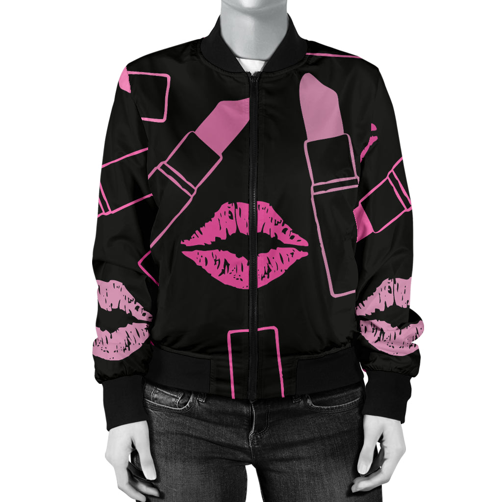 Lipstick Pink Pattern Print Design 01 Women's Bomber Jacket