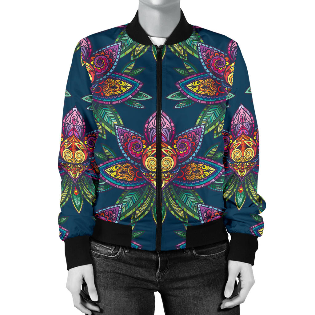 lotus Boho Pattern Print Design LO04 Women Bomber Jacket