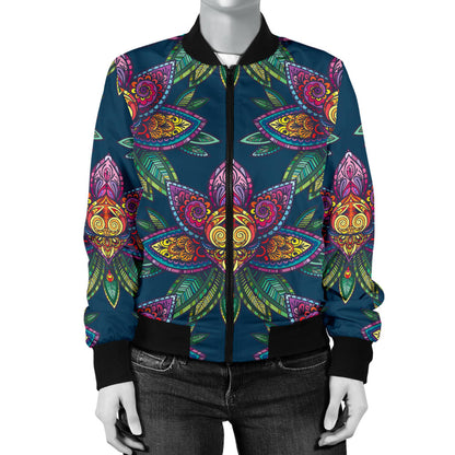 lotus Boho Pattern Print Design LO04 Women Bomber Jacket