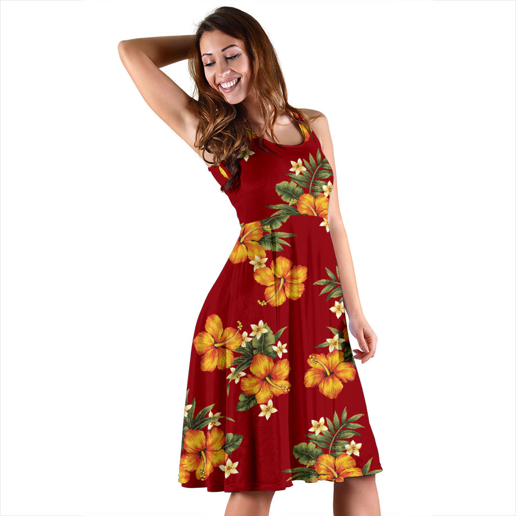 Orange Hibiscus Pattern Print Design HB026 Midi Dress