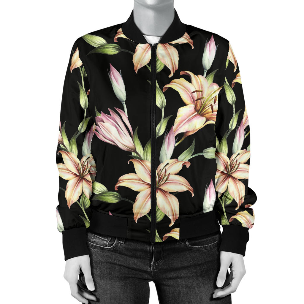 Lily Pattern Print Design LY05 Women Bomber Jacket