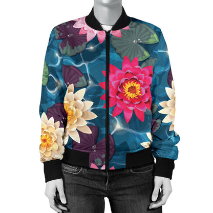 Water Lily Pattern Print Design WL05 Women Bomber Jacket