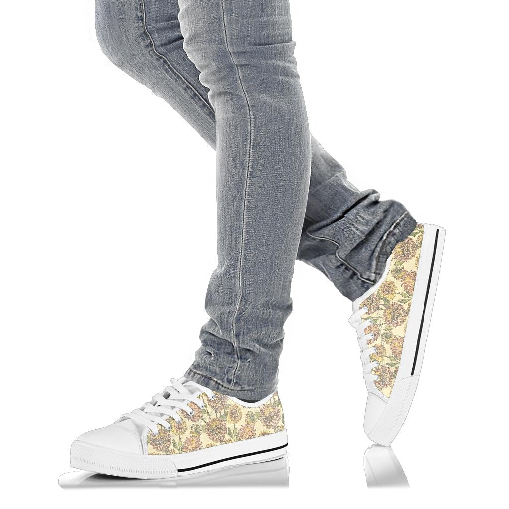 Dahlia Pattern Print Design DH09 White Bottom Low Top Shoes