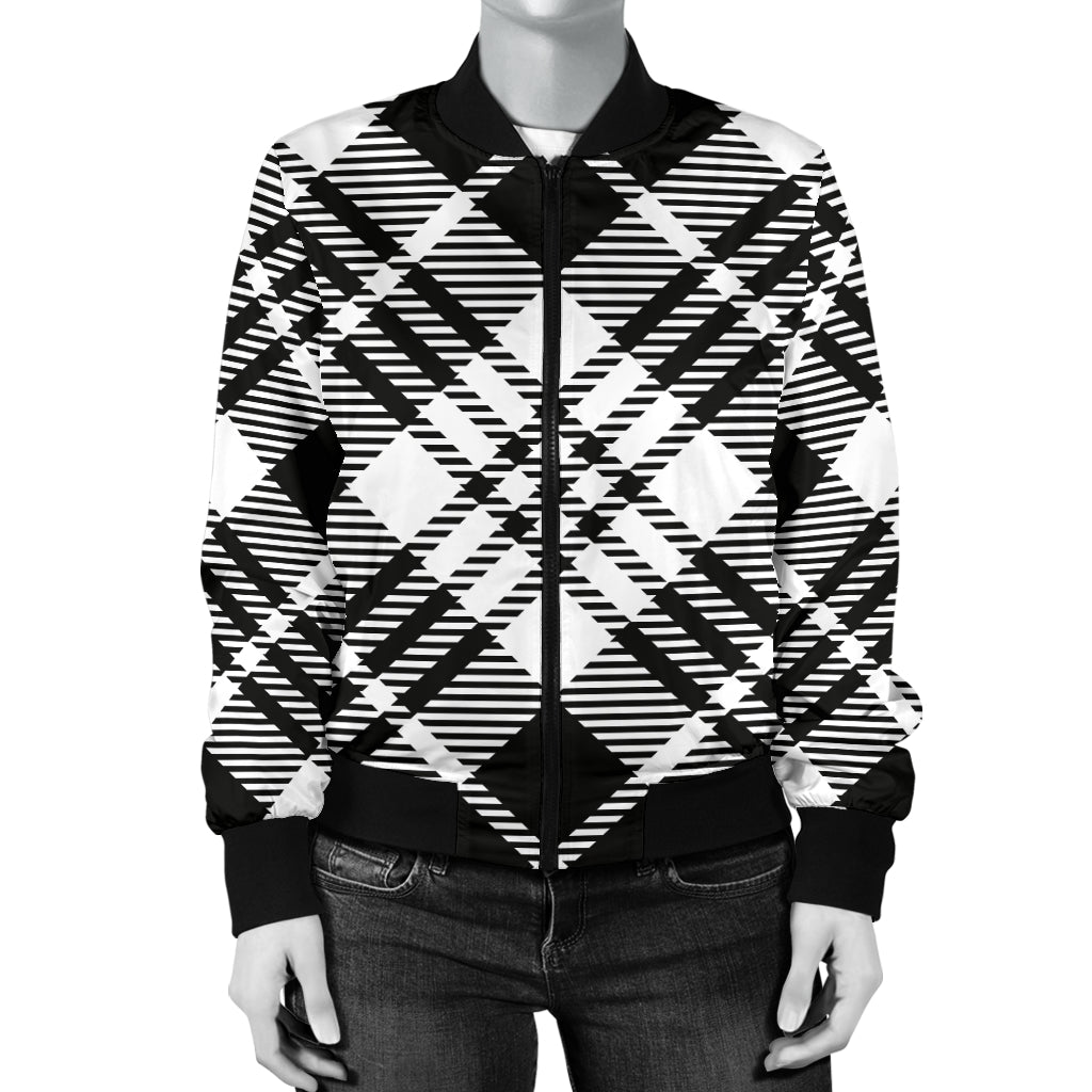Plaid Black White Pattern Print Design A02 Women's Bomber Jacket