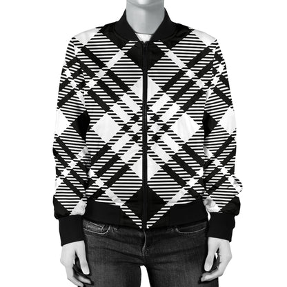 Plaid Black White Pattern Print Design A02 Women's Bomber Jacket
