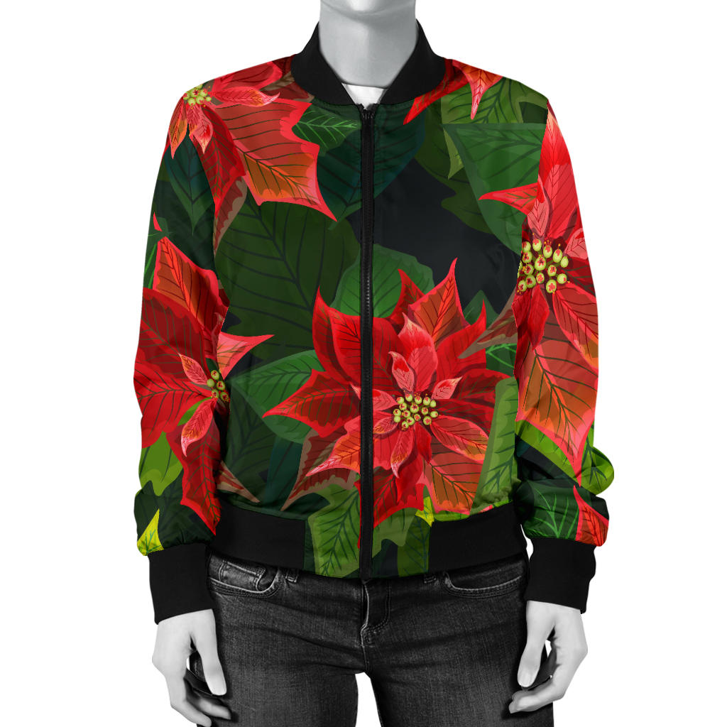 Poinsettia Pattern Print Design POT04 Women Bomber Jacket