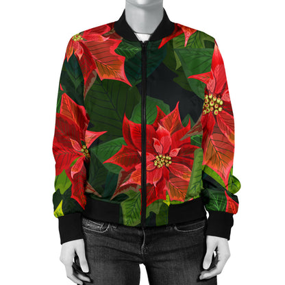 Poinsettia Pattern Print Design POT04 Women Bomber Jacket