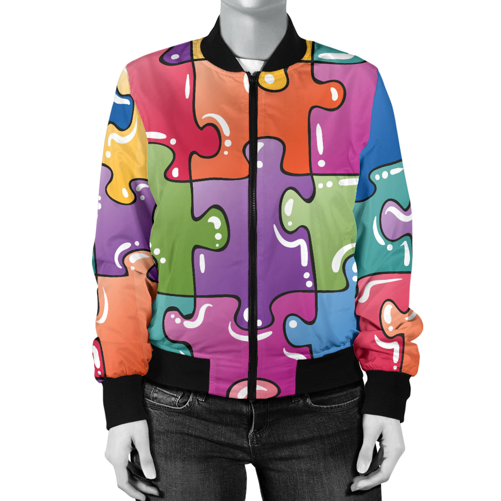 Puzzle Pattern Print Design A05 Women's Bomber Jacket
