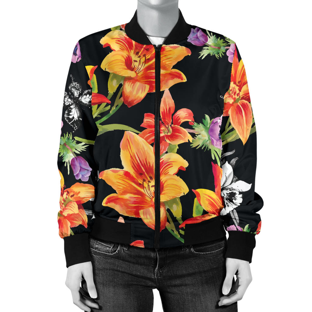 Tropical Flower Pattern Print Design TF02 Women Bomber Jacket