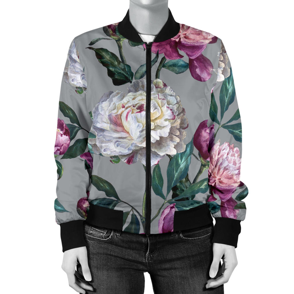 Peony Pattern Print Design PE01 Women Bomber Jacket