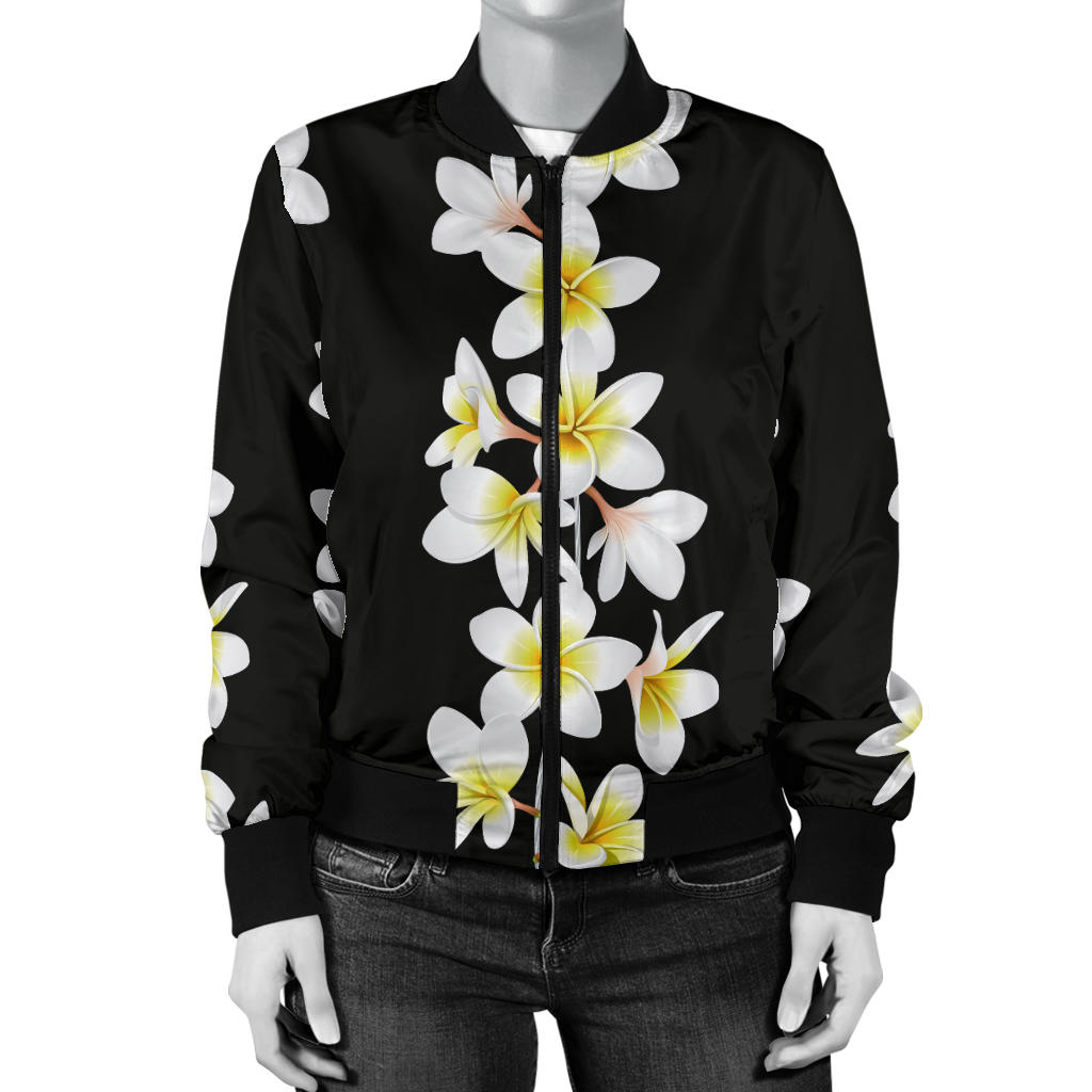 White Plumeria Pattern Print Design PM08 Women Bomber Jacket