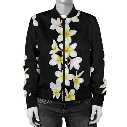 White Plumeria Pattern Print Design PM08 Women Bomber Jacket