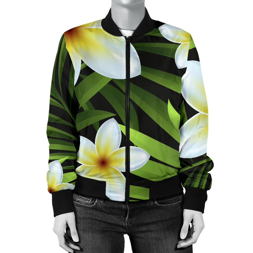White Plumeria Pattern Print Design PM06 Women Bomber Jacket