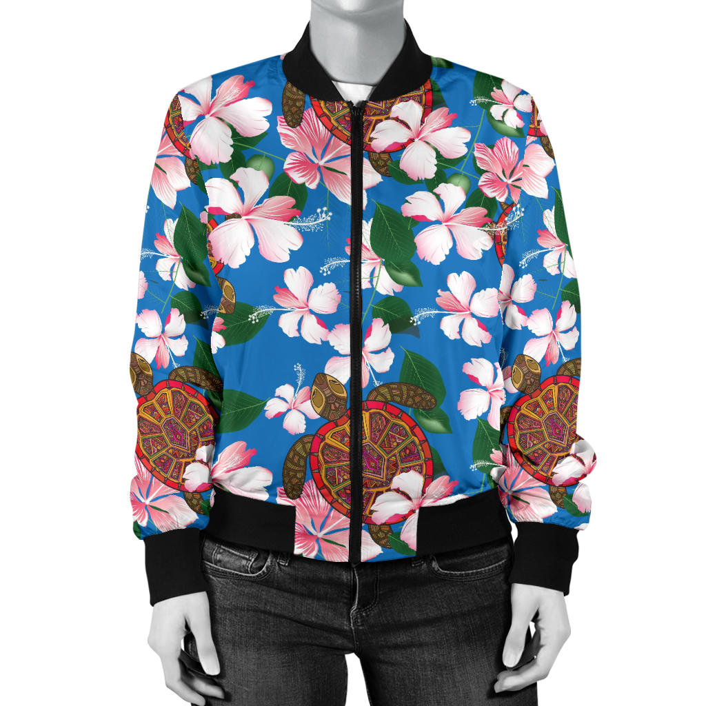 Sea Turtle Pink Hibiscus Hawaiian Print Women Bomber Jacket