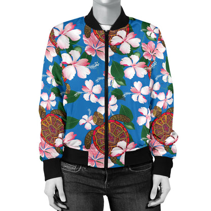 Sea Turtle Pink Hibiscus Hawaiian Print Women Bomber Jacket