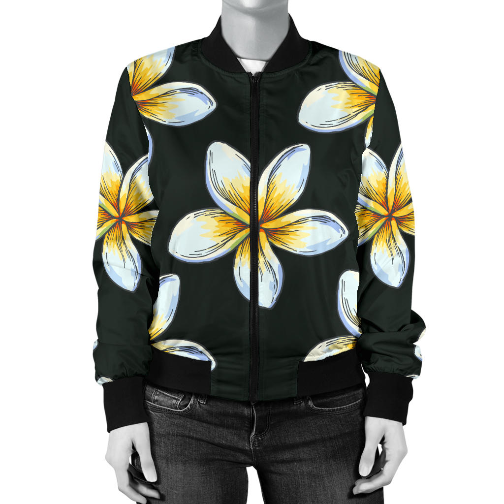 White Plumeria Pattern Print Design PM022 Women Bomber Jacket